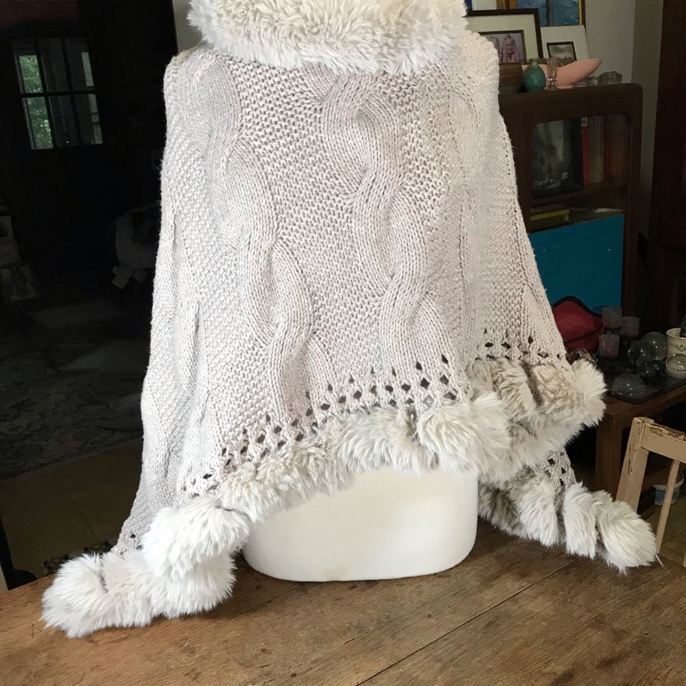 Faux Fur Sweater Poncho w v-Shaped Bottom. One size fits most